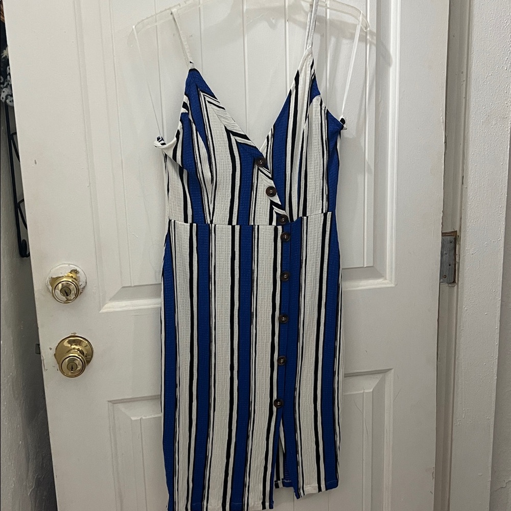 Love Tree Blue and White Striped Button-Front Midi Dress